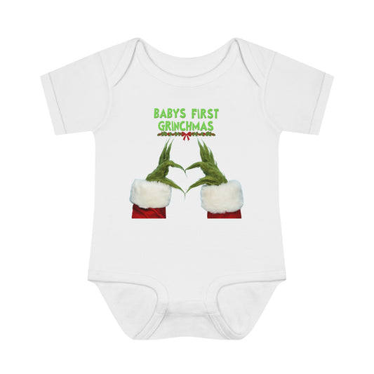 Baby's First Grinchmas Onesie, Cute Christmas Outfit with Grinch Hands Heart, Seuss Font Design, Baby Gift